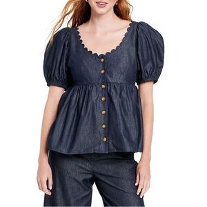 Kika Vargas x Target Indigo Puff Sleeve Top. Pre-Owned.